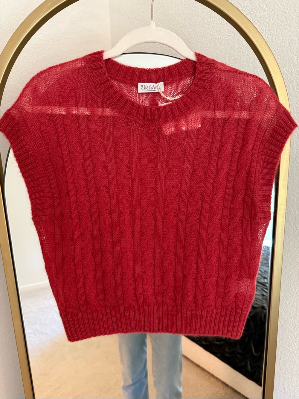 NWT - Brunello Cucinelli Vibrant Red Cable-Knit Sleeveless Crew Sweater